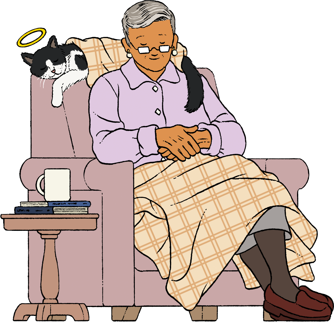 Illustration of a woman sleeping on an armchair with her cat. Pet cremation.