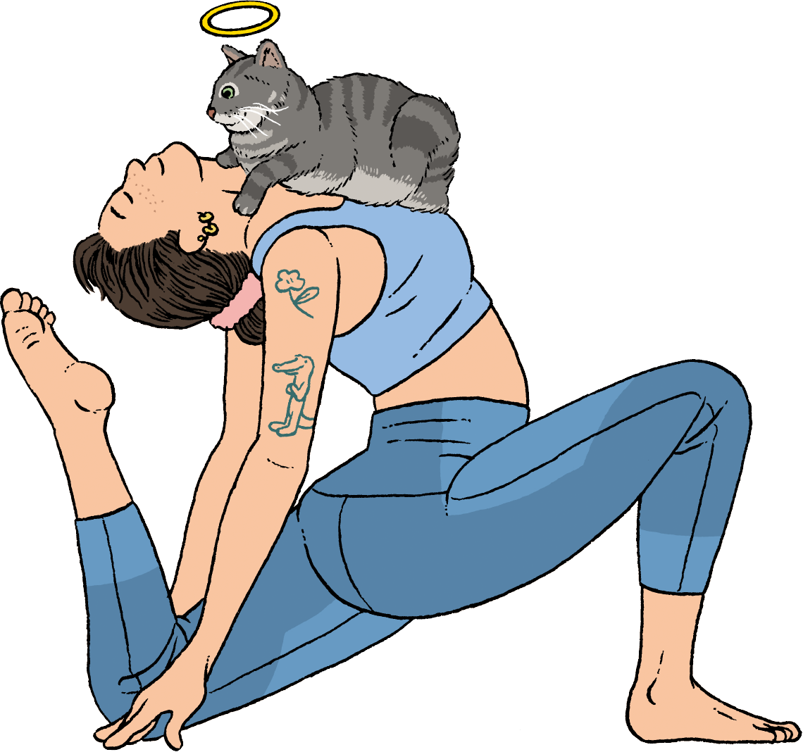 Illustration of woman doing yoga with her cat. Pet cremation.